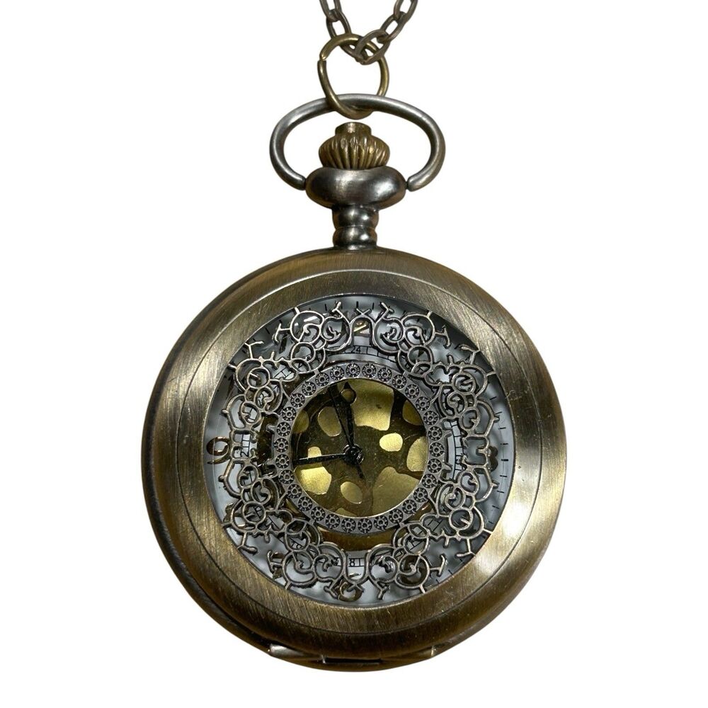 Antique-Style Bronze Skeleton Pocket Watch Pendant Necklace 28 Inch